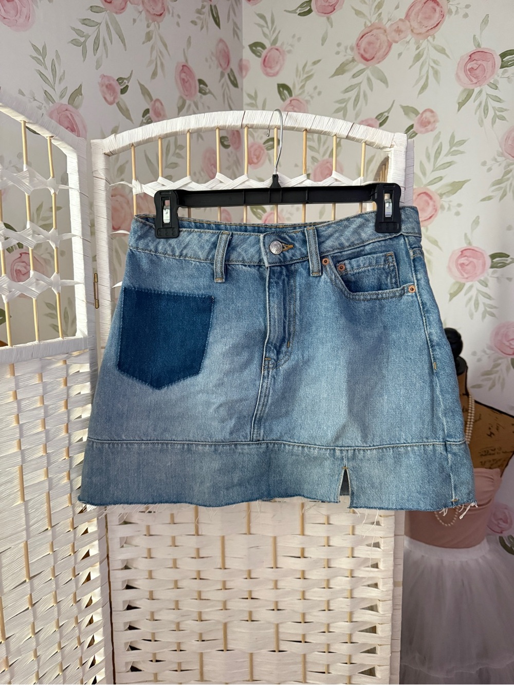 Denim Mini Skirt with Dark Patch Pocket